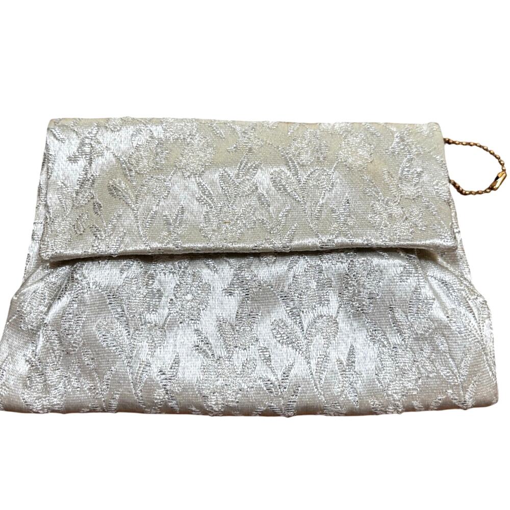 Vintage white brocade evening bag clutch purse wedding bridal mid century bride